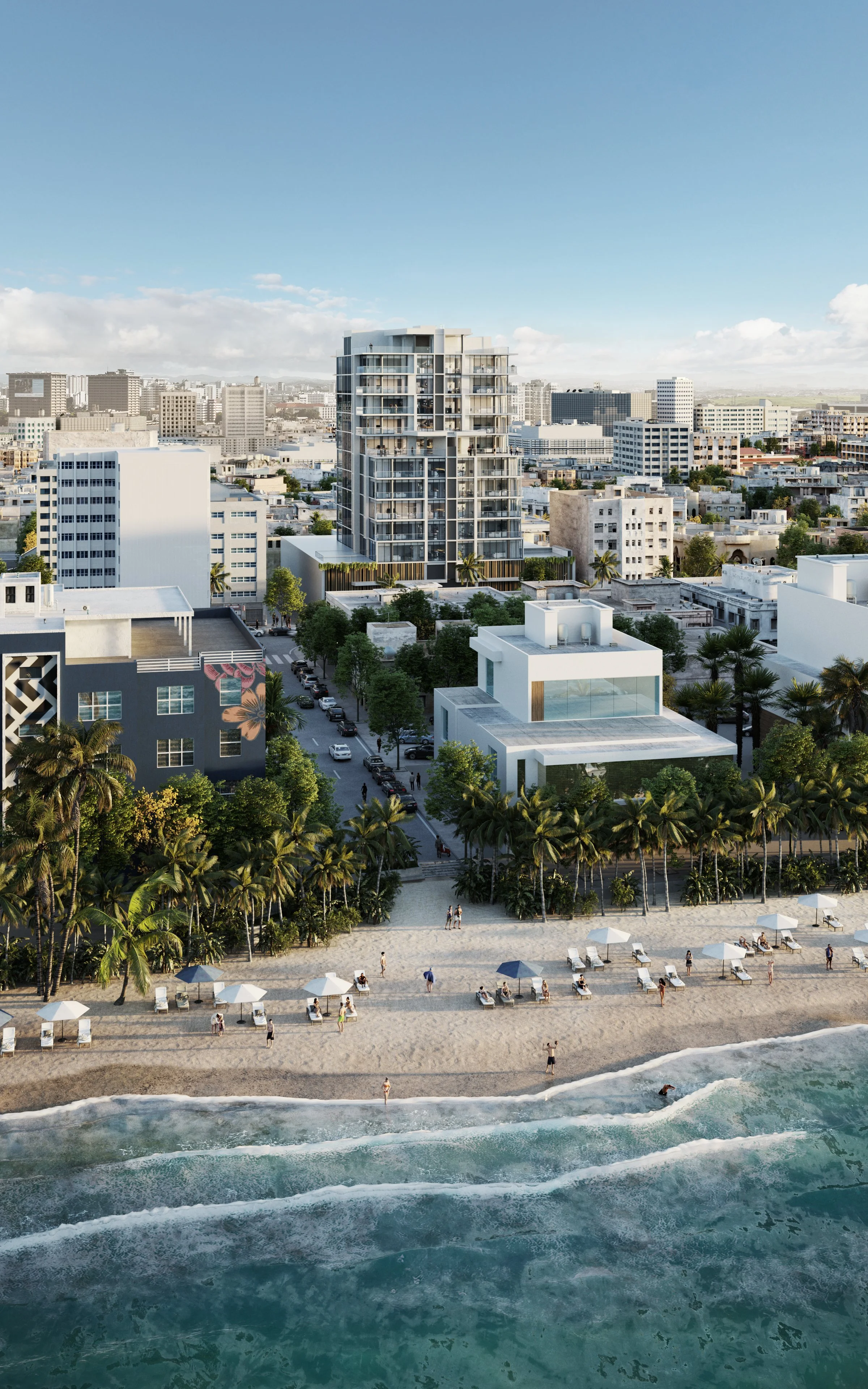 Cityscape with beachfront, sandy beach with umbrellas and lounge chairs, palm trees, modern high-rise building, and urban skyline under a clear blue sky.