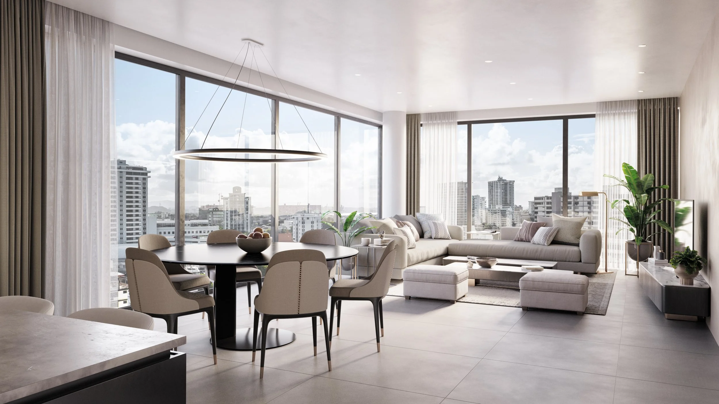 Modern living room with large floor-to-ceiling windows, white sectional sofa, round black dining table with beige chairs, indoor plants, and city skyline view.