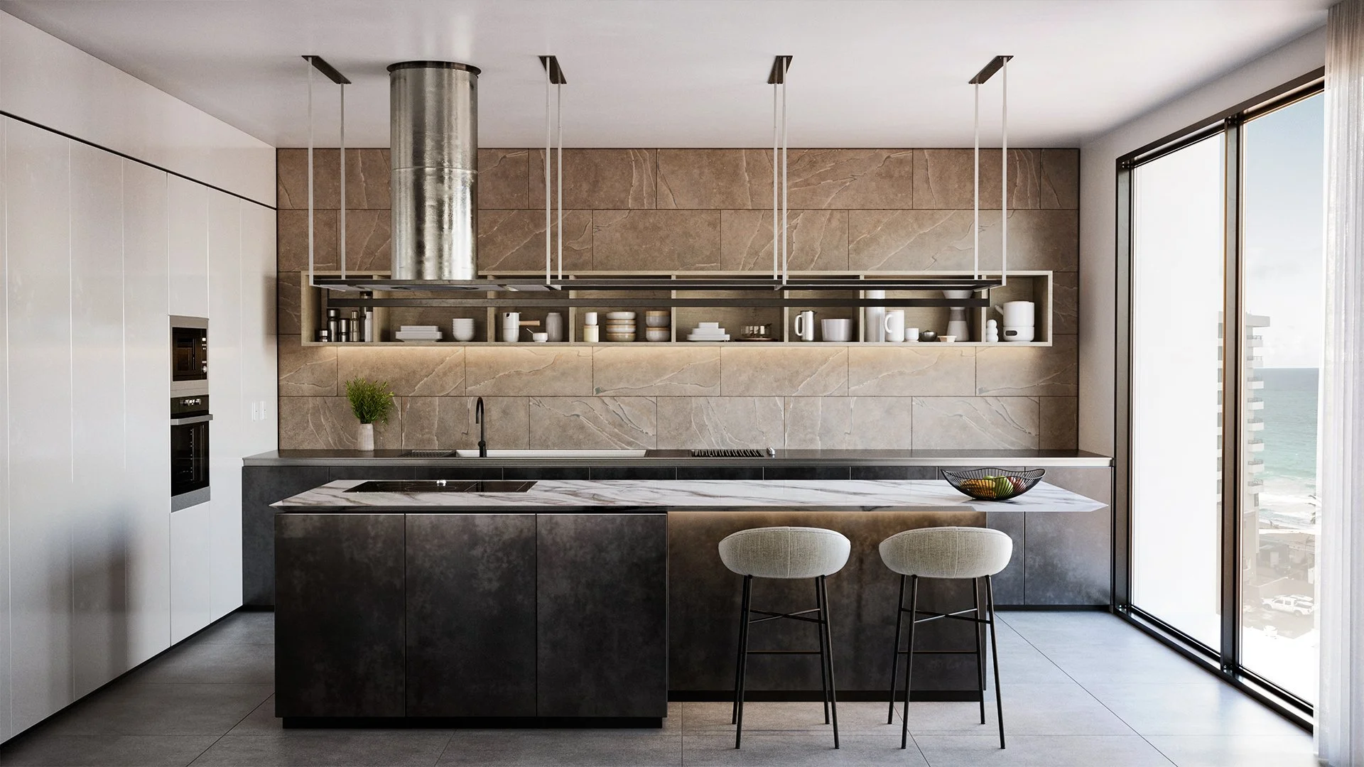 Modern kitchen with beige tiled wall, black cabinetry, a marble island, and two light-colored bar stools facing large windows with ocean view.