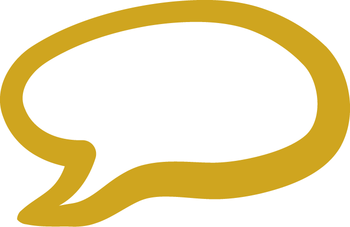 A gold speech bubble icon on a black background.