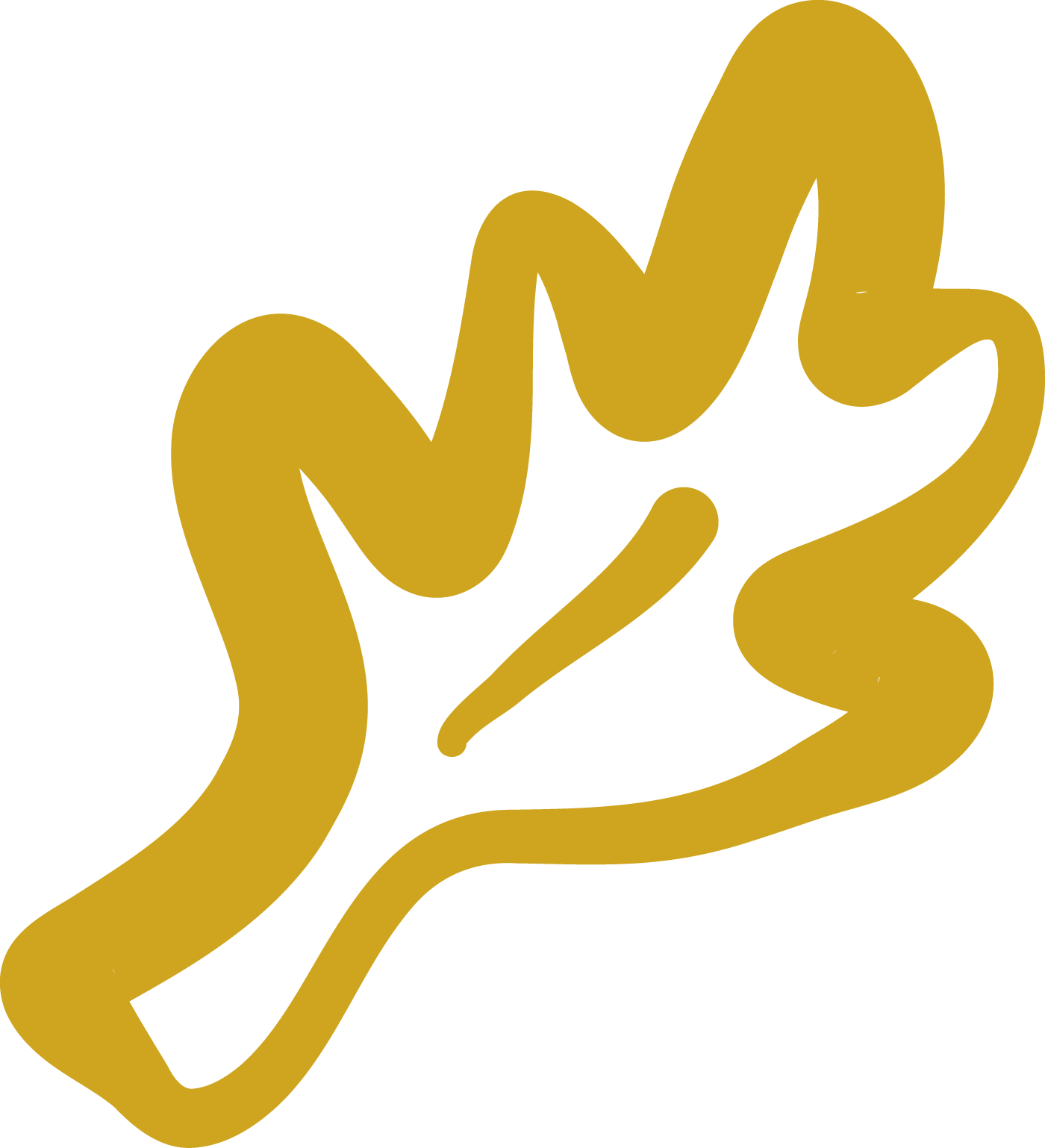 A stylized, abstract illustration of a hand holding a sprouting plant with a single leaf in gold color.