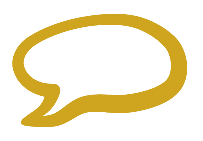 Gold speech bubble icon on a black background.