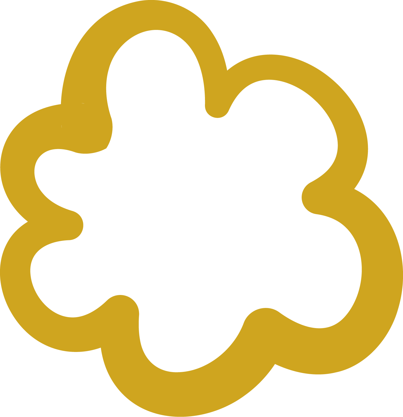 A golden circular tracing of an interconnected gear or puzzle piece shape with multiple rounded edges and a hollow center.