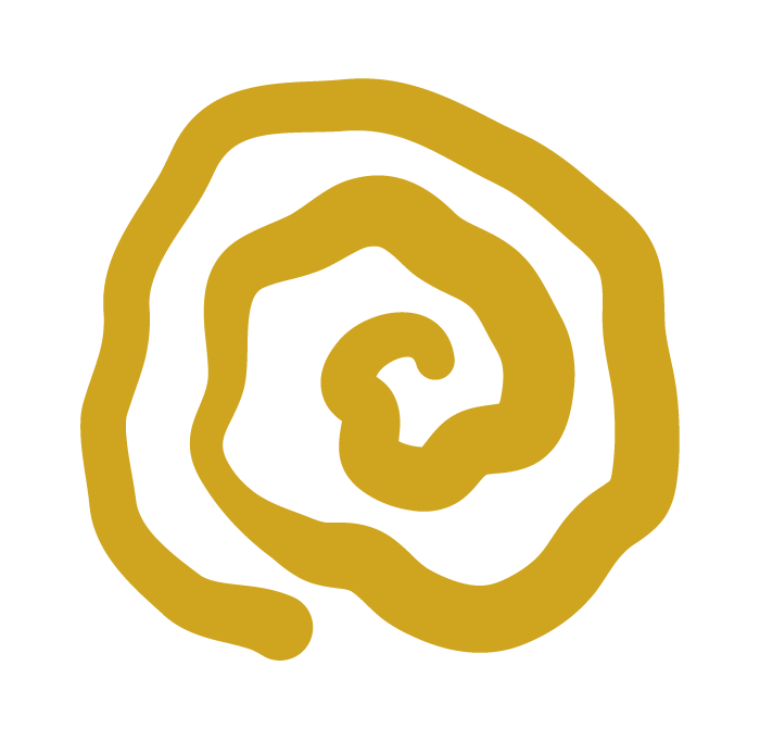 Golden brown spiral-shaped pasta on a black and white background.