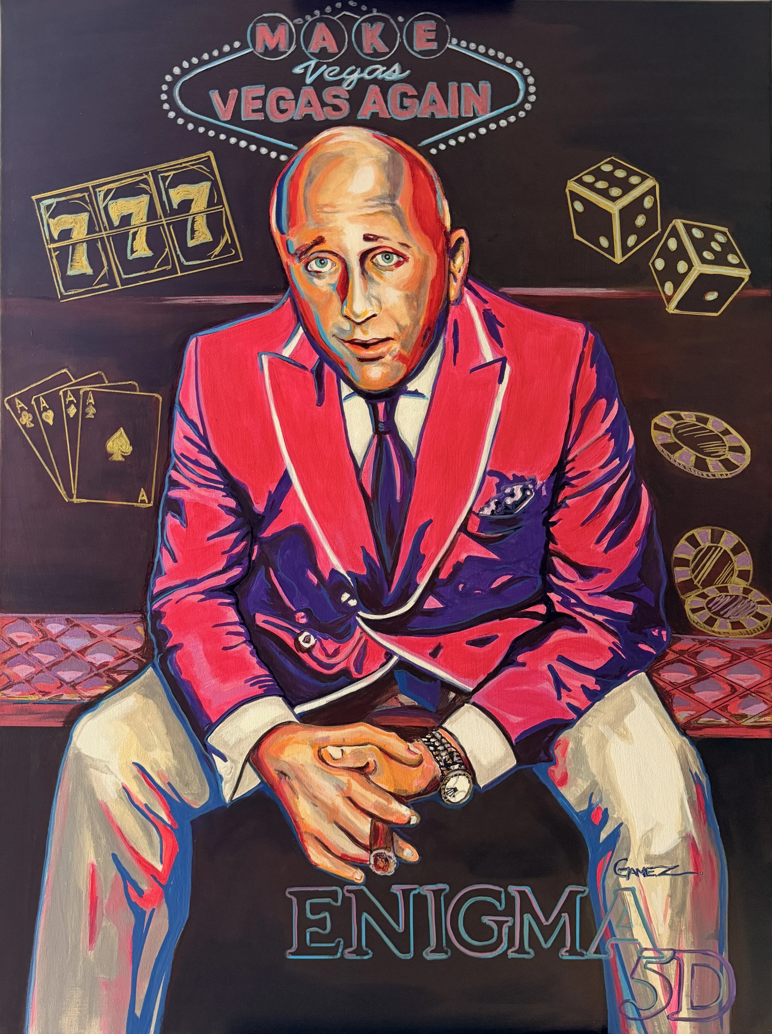 A colorful painting of a man in a pink suit with a serious expression, surrounded by gambling imagery such as dice, poker chips, playing cards, and slot machines, with the text 'Make Vegas Vegas Again' and 'Enjoying SLD'.