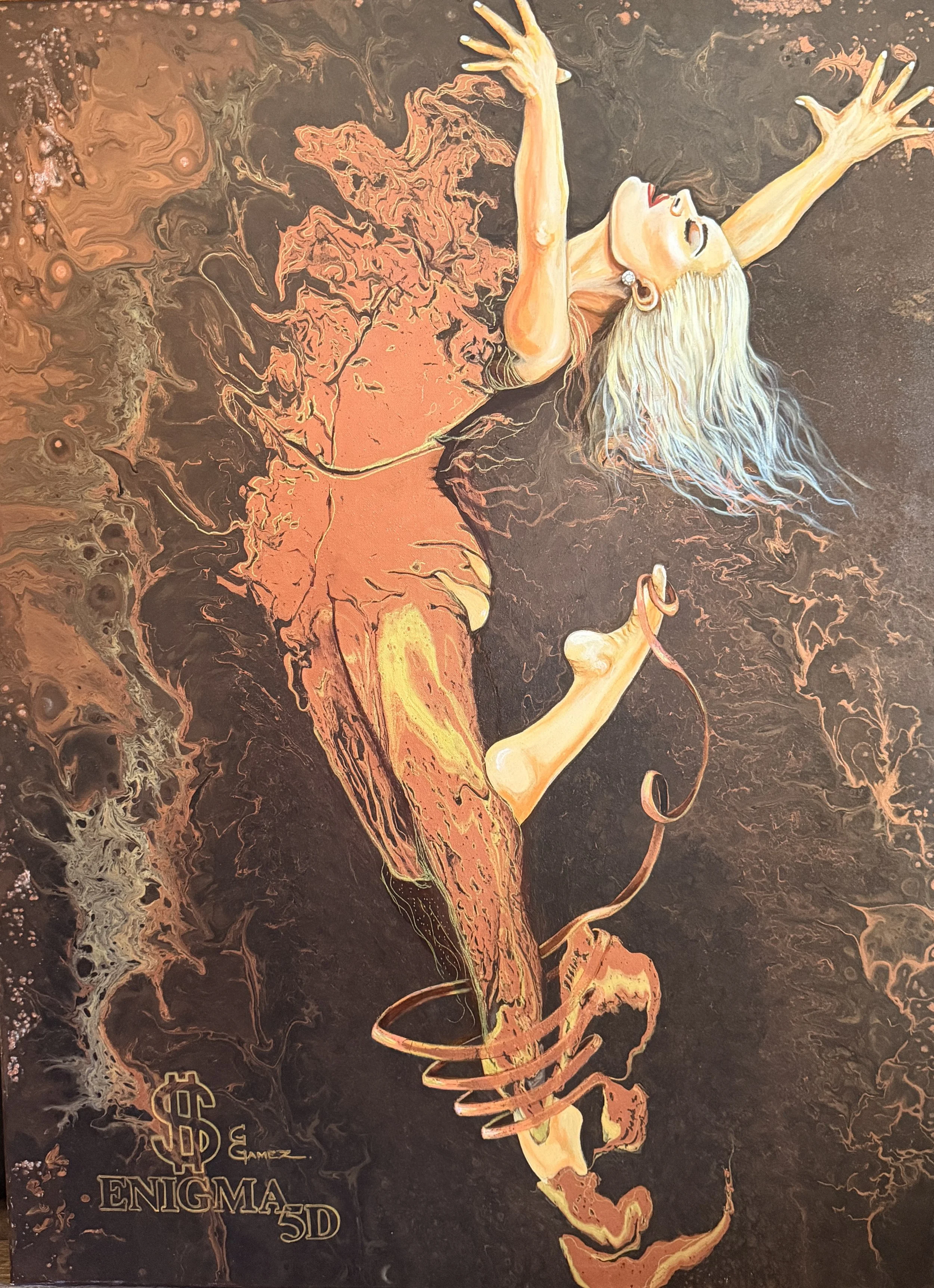 A surreal portrait of a woman with long blonde hair, nude upper body, and arms raised, set against a dark, swirling background with fiery and organic textures. The artwork contains stylized elements and symbols, including a dollar sign and text that reads 'ENIGMA 5D' in the lower left corner.
