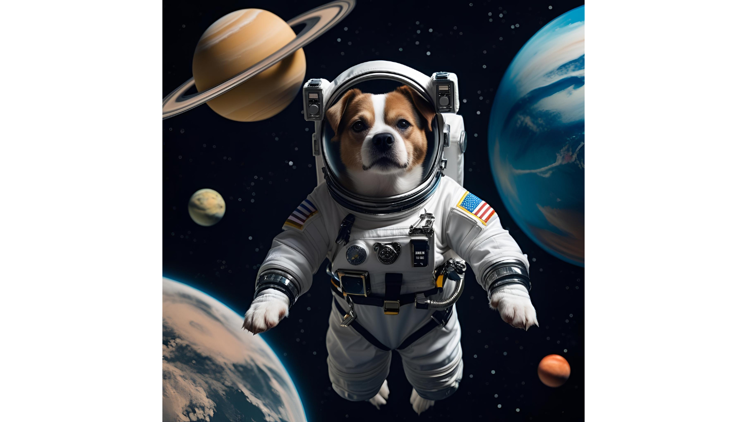 Dog in an astronaut suit floating in space among planets and stars.
