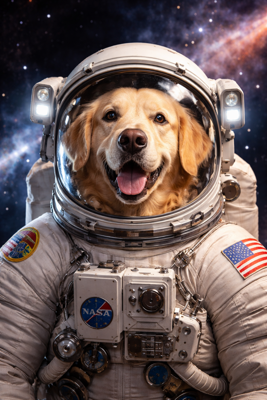 A dog wearing a NASA space suit and helmet, floating in space with stars and a galaxy in the background.