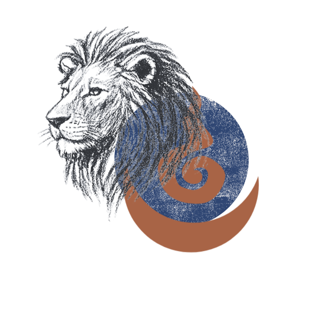 Illustration of a lion's head in profile with a stylized spiral and gradient background.
