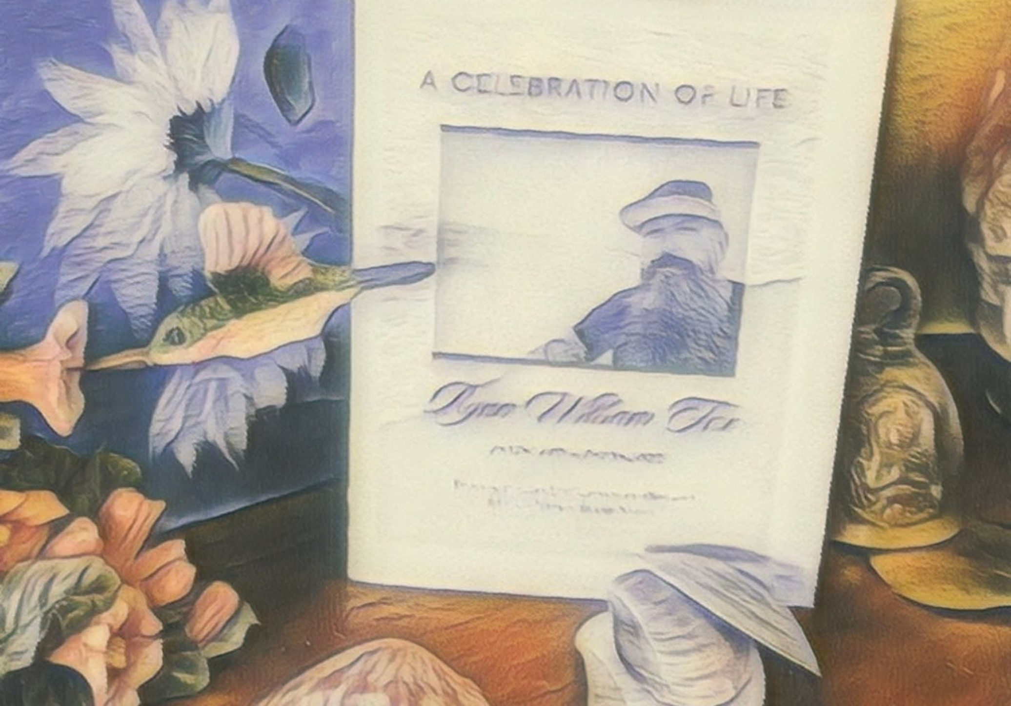 A card with the phrase "A Celebration of Life" featuring a photo of a person wearing a cowboy hat, and surrounding items include a small potted plant and a brass bell.