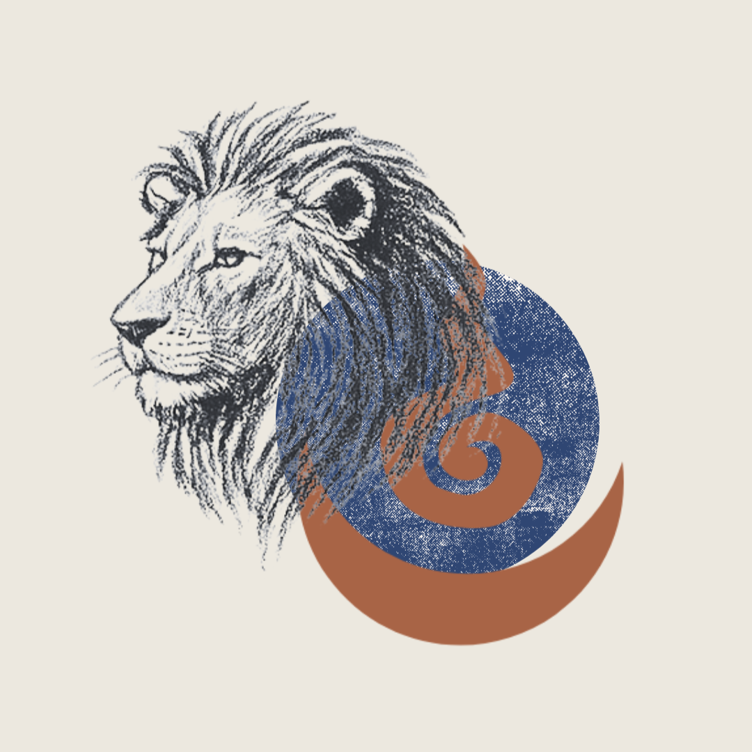 An illustration of a lion's head next to a spiral and crescent shape, with the lion drawn in a sketch style and the shapes in blue and brown tones.