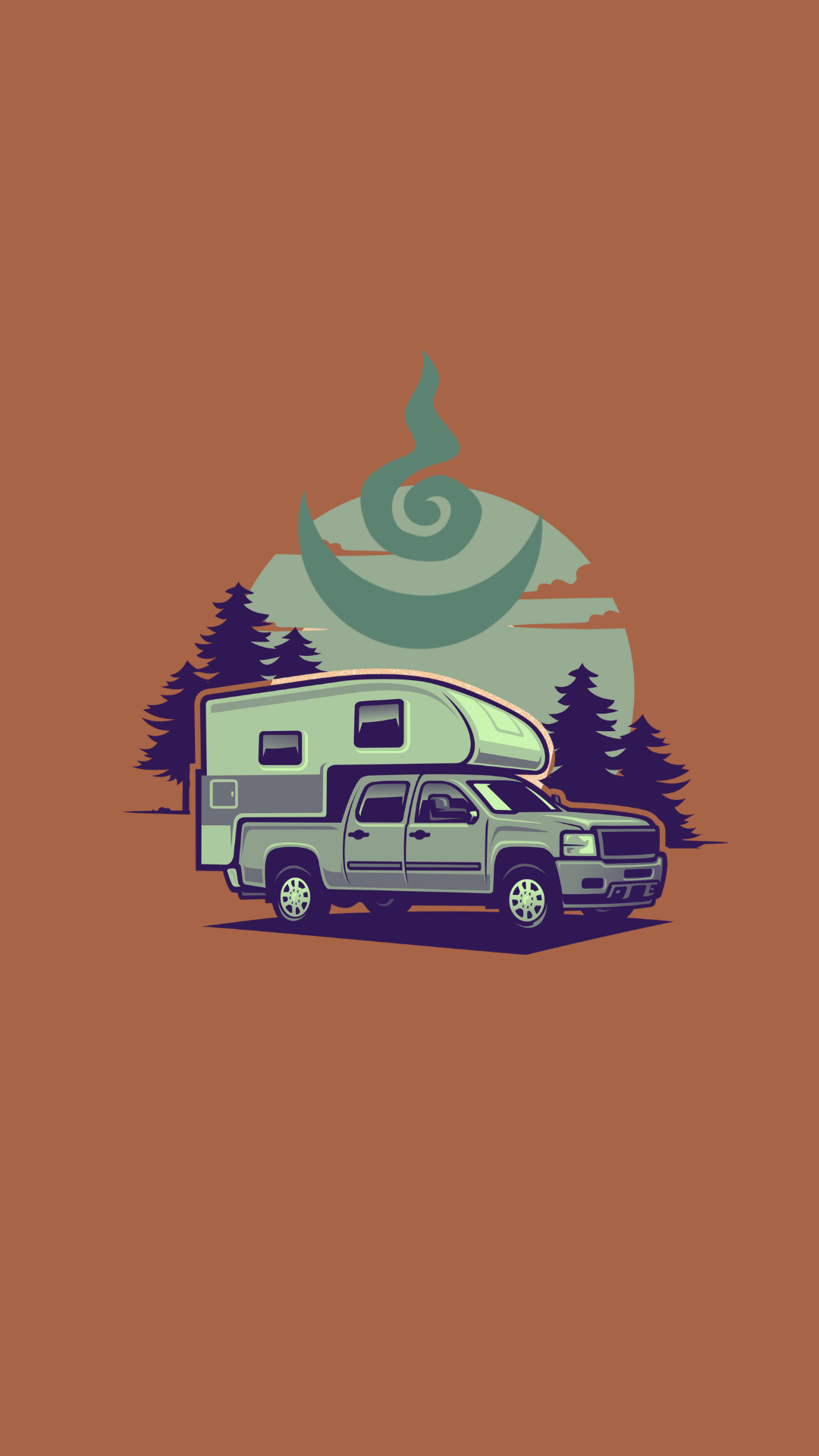 Illustration of a camper attached to a pickup truck, with a forest and stylized clouds and smoke in the background.