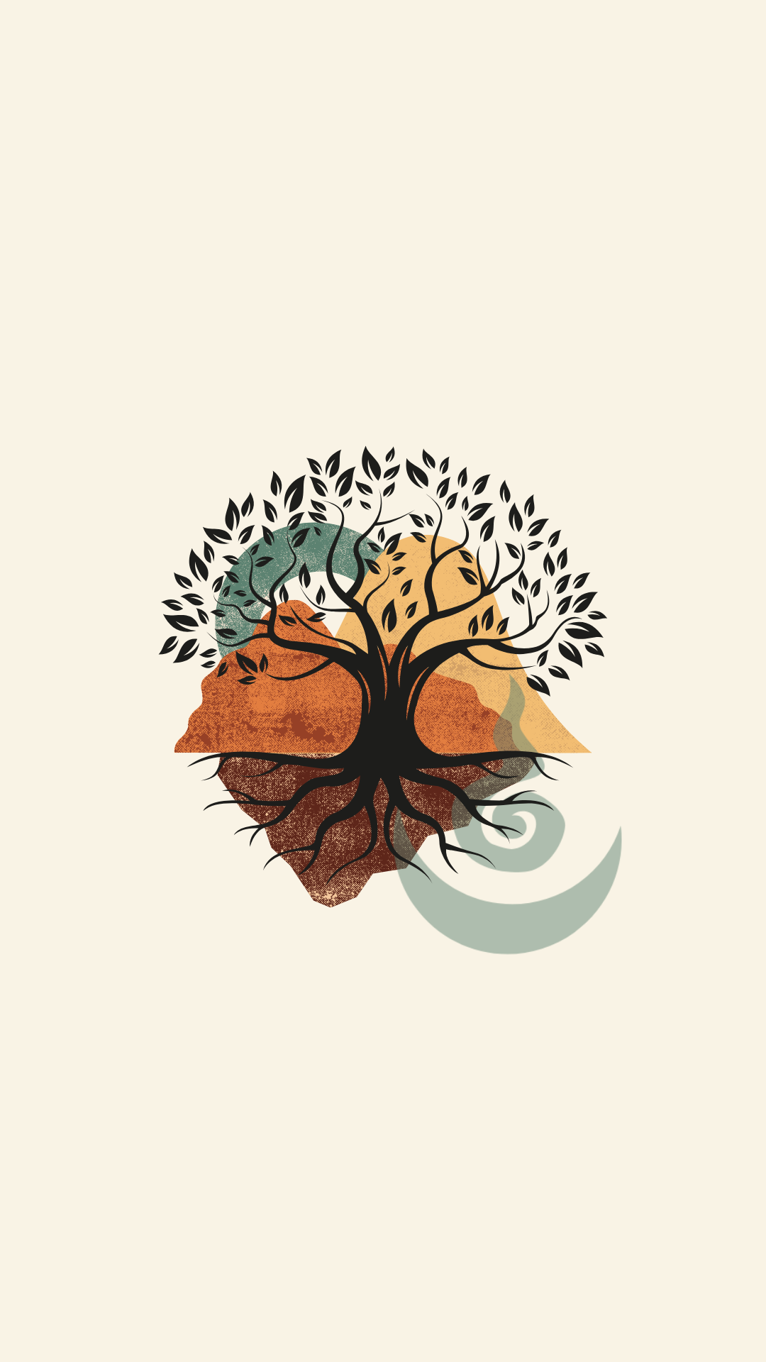 Stylized illustration of a tree with black branches and leaves, set against a background of abstract colorful mountains in shades of green, orange, and yellow.