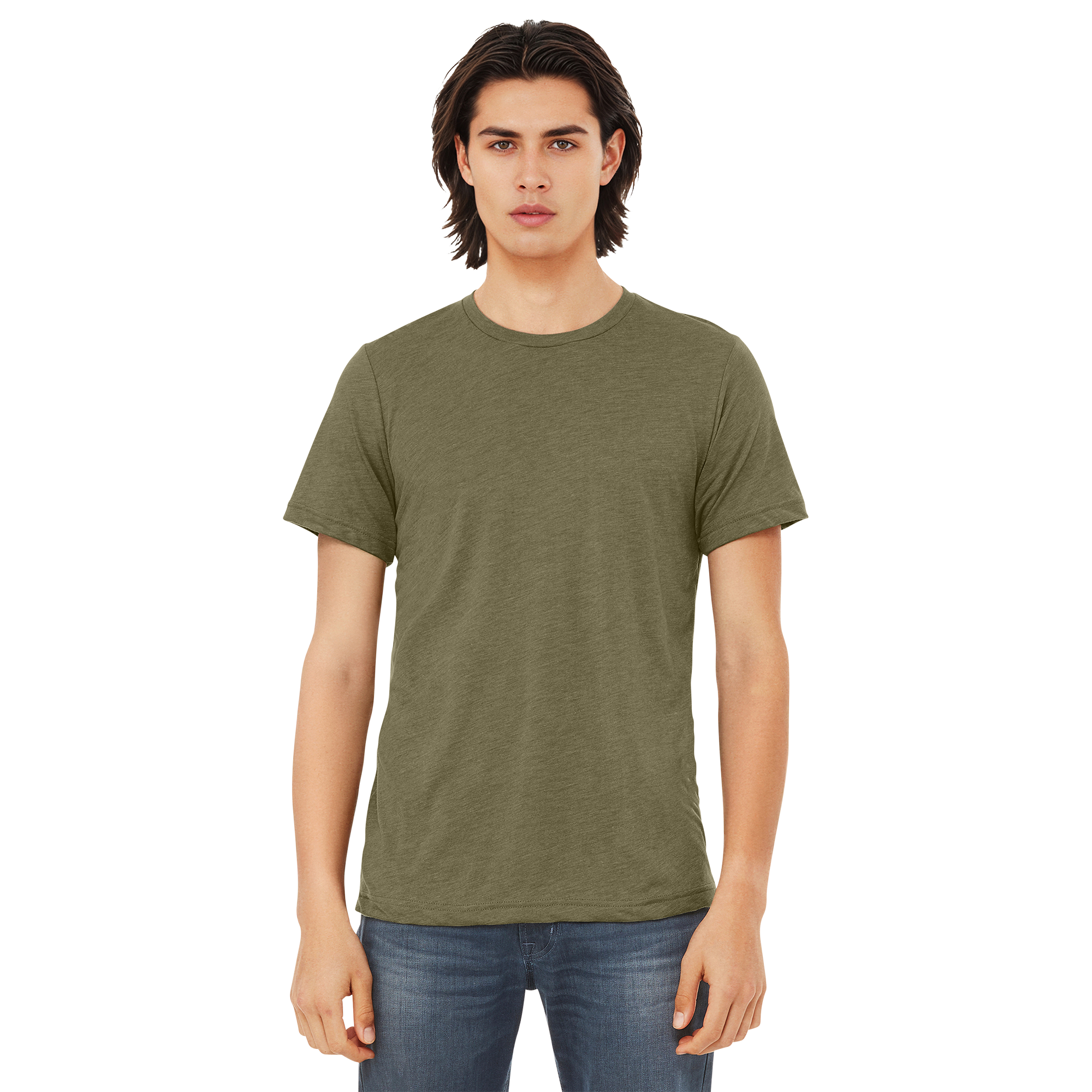 BC3413_Olive Triblend_Model_Front.png