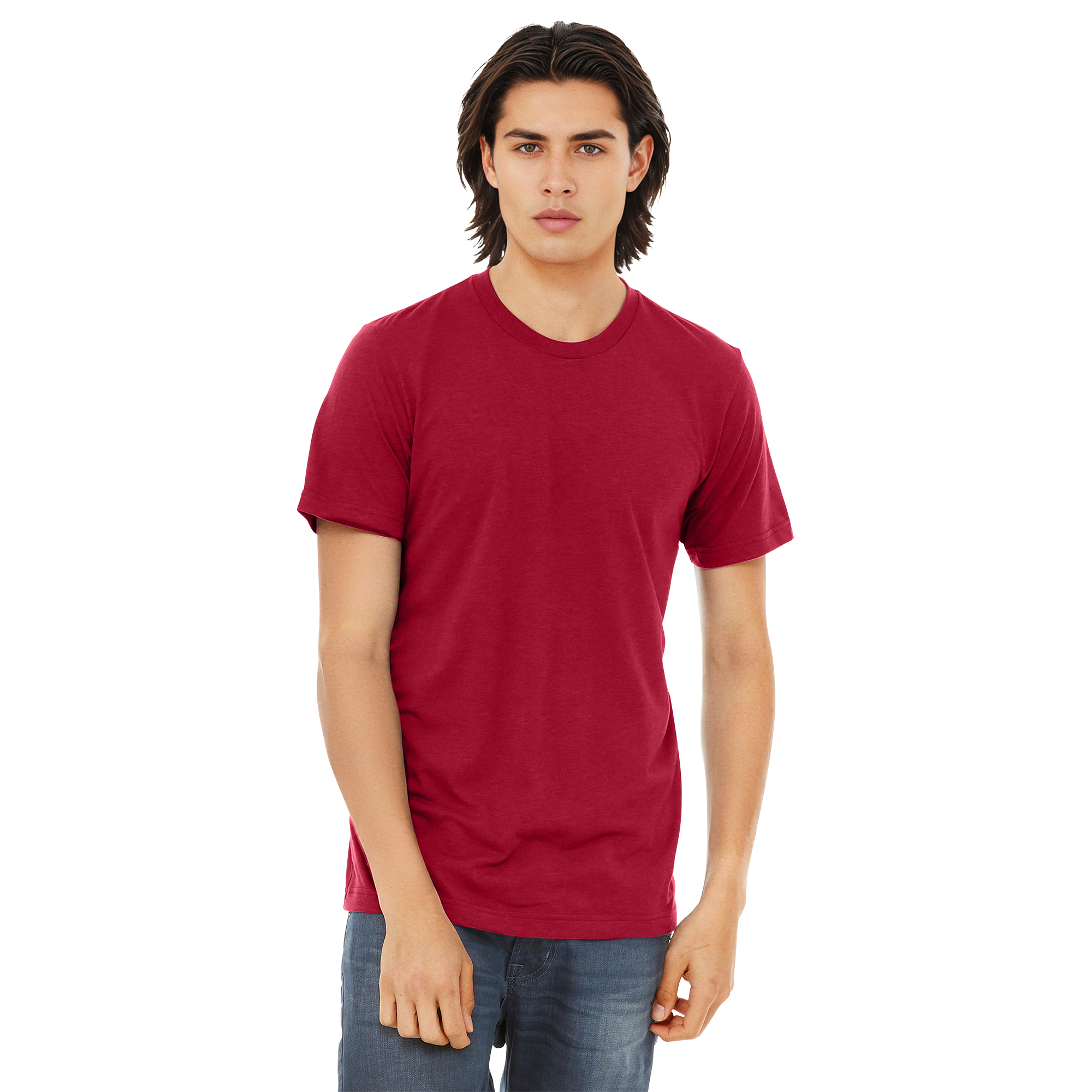 BC3413_Solid Red Triblend_Model_Front.png