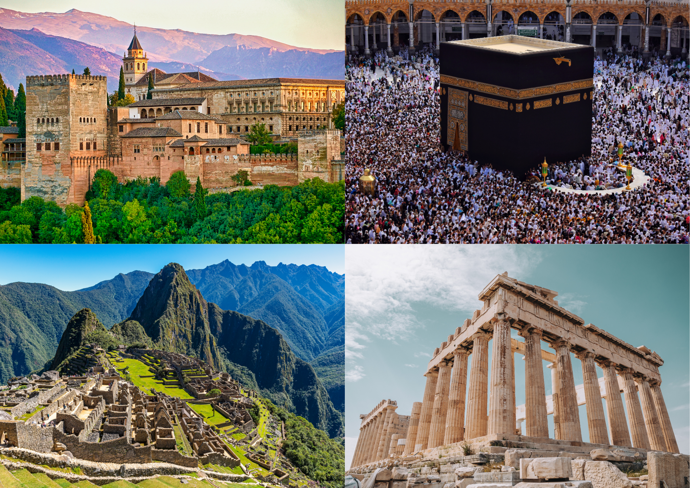 Collage de quatre sites célèbres : un château médiéval avec montagnes en arrière-plan, la Kaaba à La Mecque lors d'une foule de pèlerins, Machu Picchu dans une vallée montagneuse, et le Parthénon à Athènes avec un ciel partiellement nuageux.