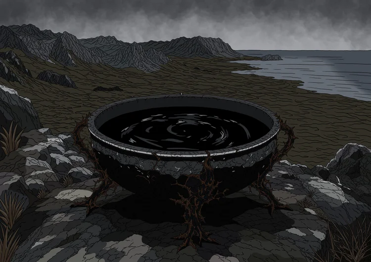 The Cauldron: a thorn-bound black cauldron on a misty rocky shore.