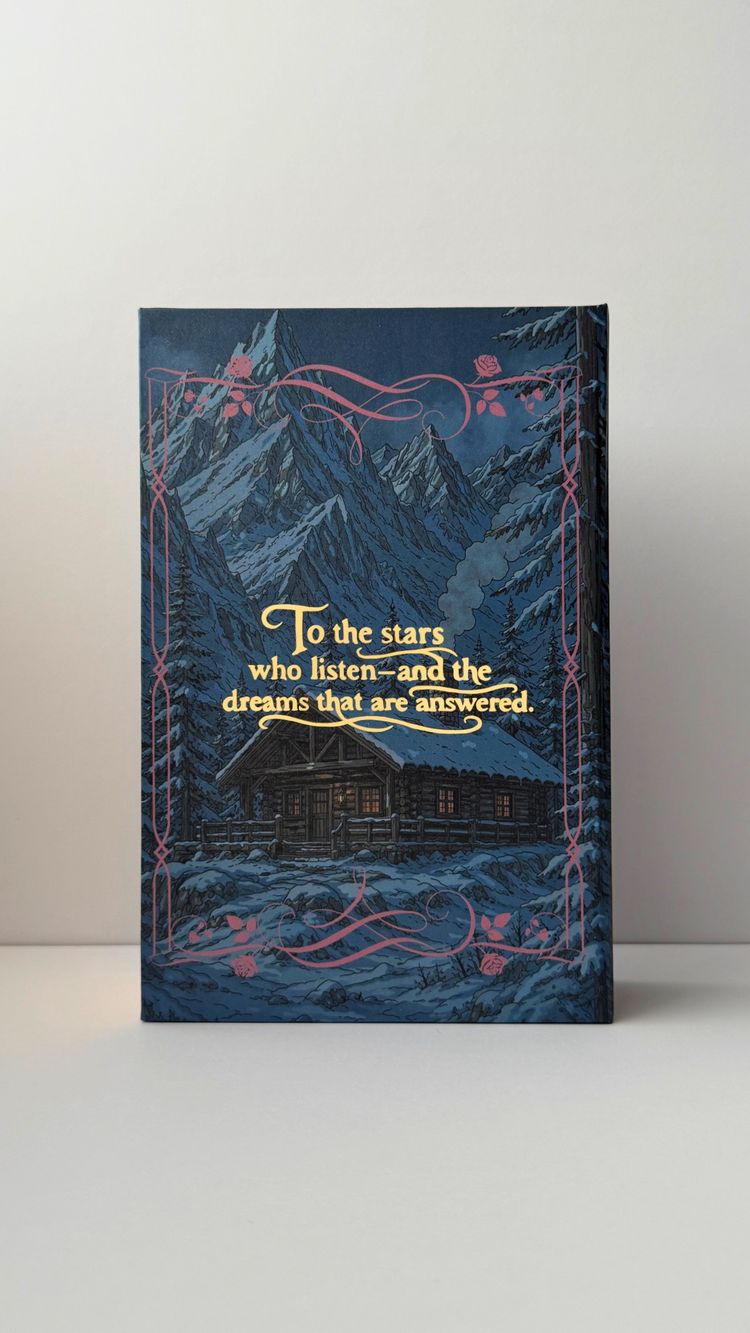 The back cover: a lit cabin in deep snow below jagged peaks, with a foiled quote across the sky.