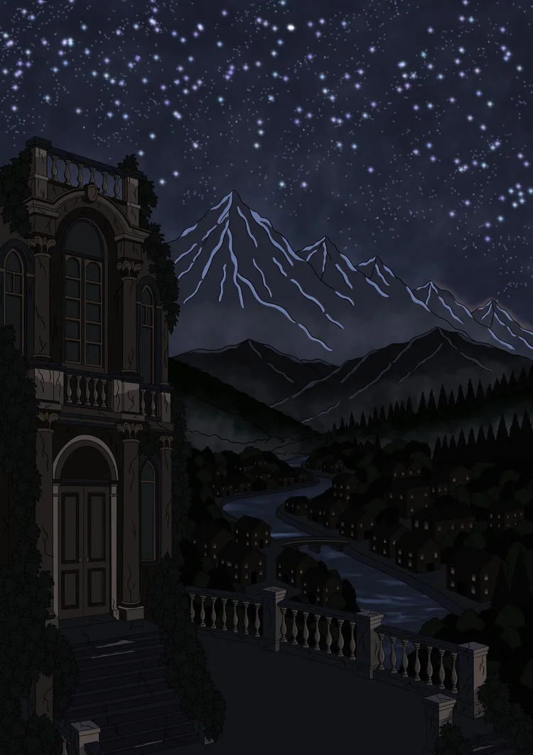 The Estate: a house in the Illyrian mountains under a night sky.