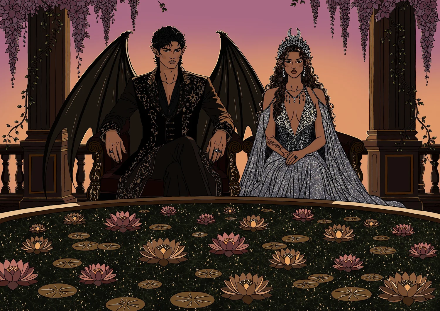 The High Lords Meeting: a winged High Lord and a crowned High Lady seated above a starlit lily pond beneath wisteria at dusk.