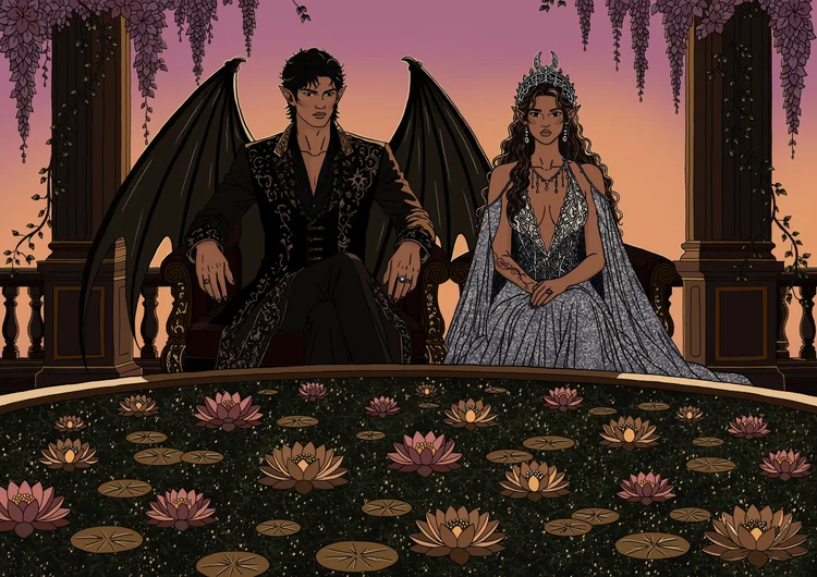 The High Lords Meeting: a winged High Lord and a crowned High Lady above a starlit lily pond.