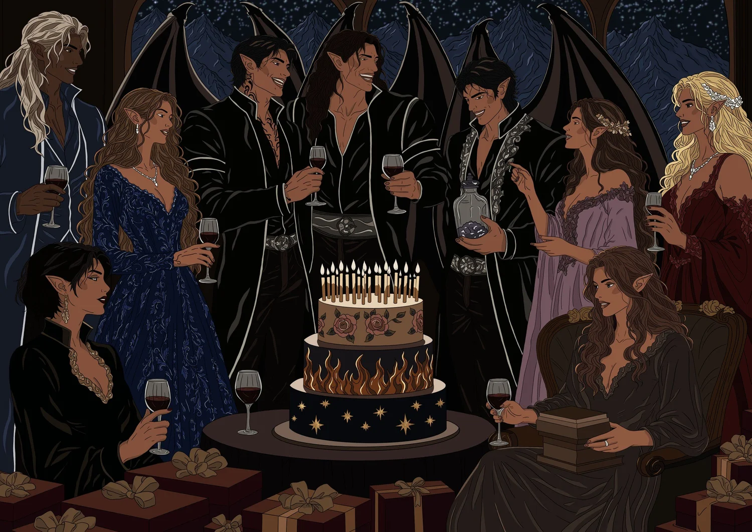 The Celebration: the Inner Circle gathered around a candlelit cake, glasses raised, gifts at their feet beneath starlit mountains.