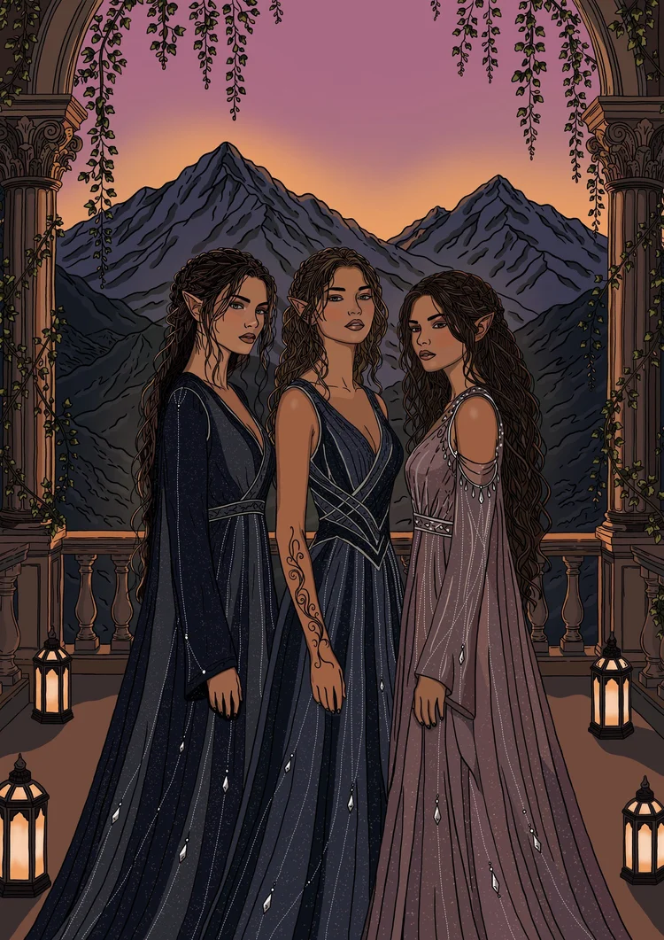 The Three Sisters: Feyre, Nesta and Elain together on a vine-draped balcony at sunset.