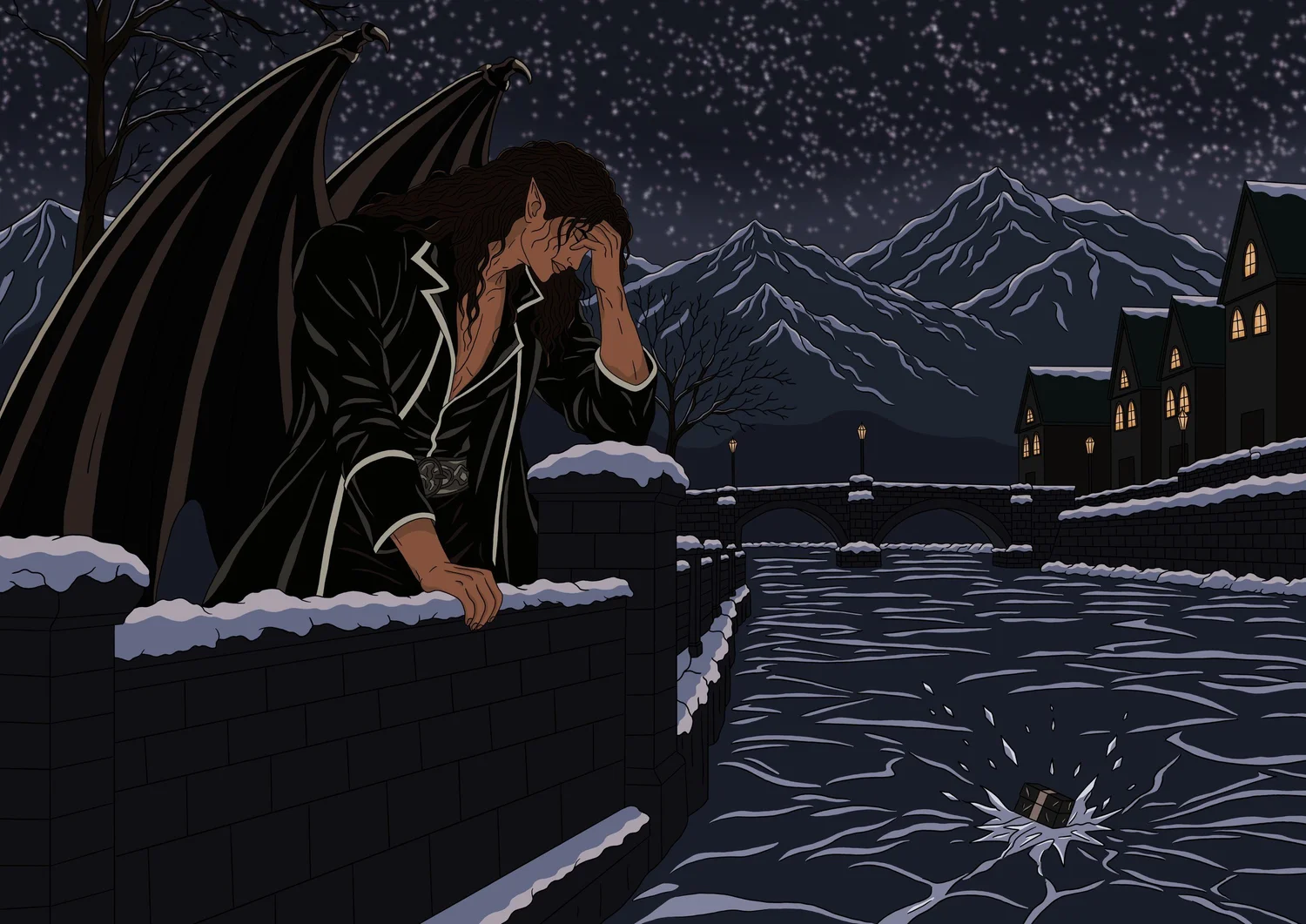 The Gift: Cassian at a snow-covered wall above the Sidra as a parcel breaks through the ice below.