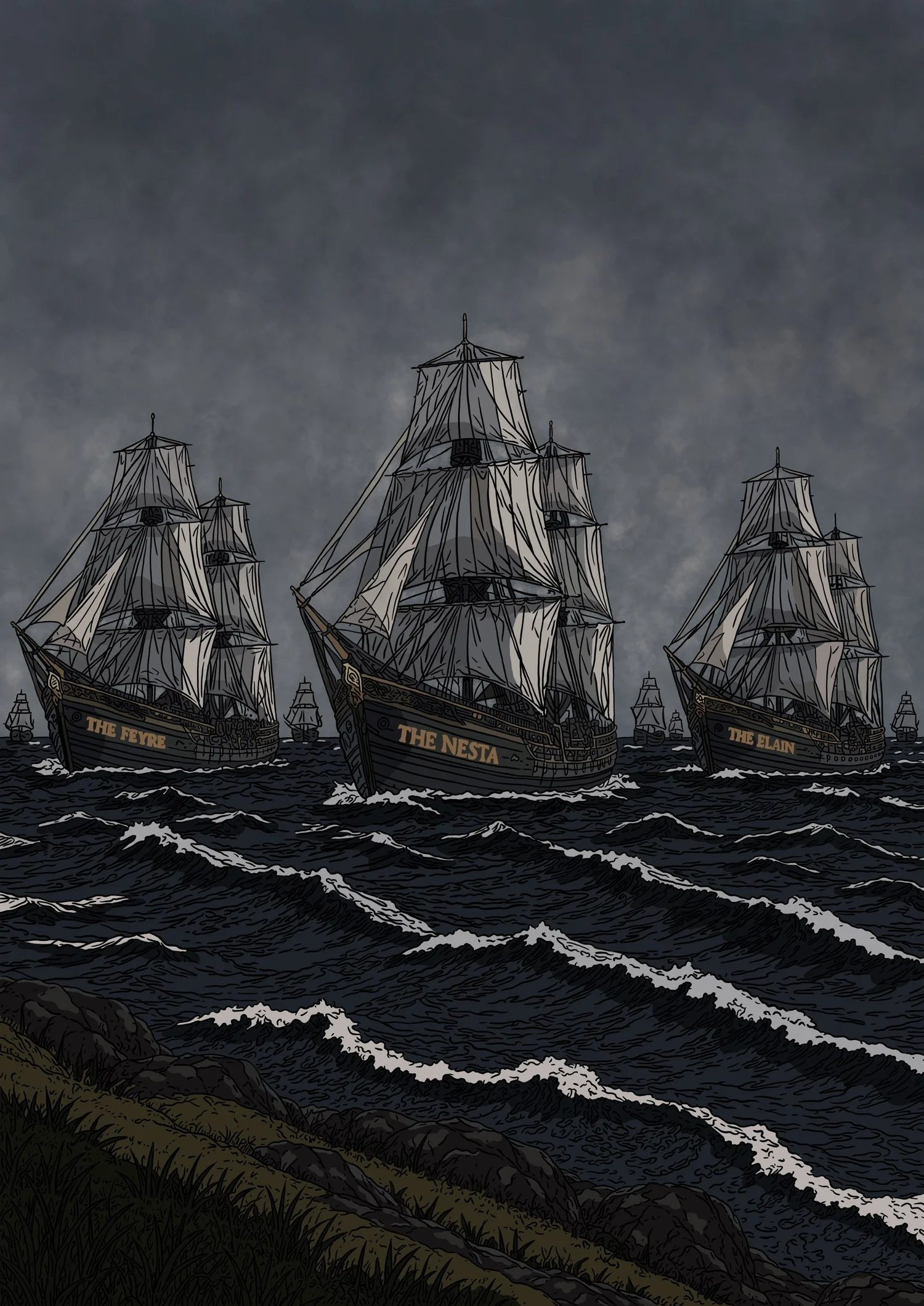 The Ships Arriving: a fleet under full sail on a storm-dark sea, led by The Feyre, The Nesta and The Elain.