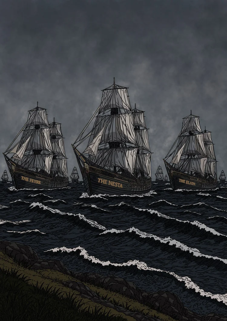 The Ships Arriving: a fleet under full sail on a storm-dark sea.