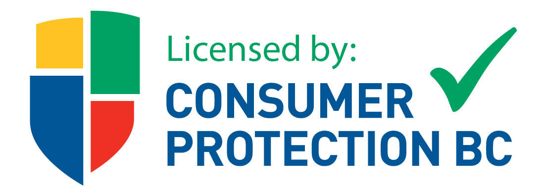 Logo with a shield divided into four colored sections (yellow, green, blue, red), and text saying 'Licensed by: CONSUMER PROTECTION BC' with a green checkmark.