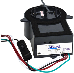 A black and gray iWave R residential air cleaner with wires and a switch attached