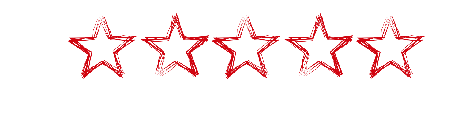 Five red outlined stars with a sketchy design, arranged in a horizontal line on a black background.