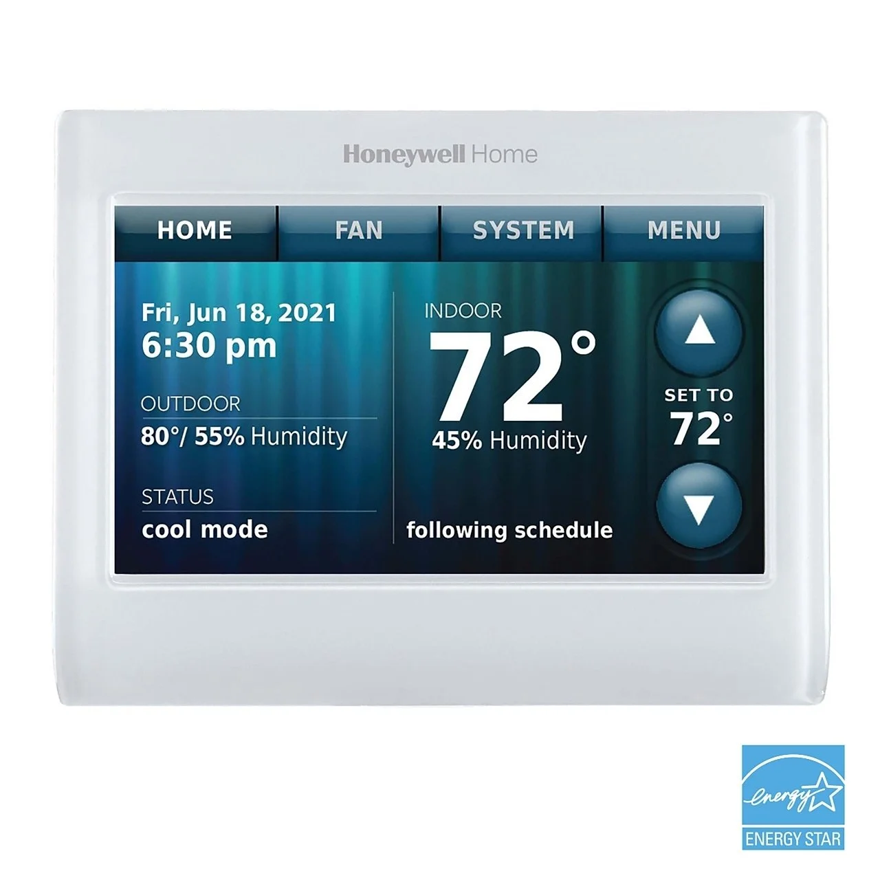 Smart thermostat display showing current temperature of 72°F inside, 80°F outside, humidity levels, date and time, and climate control options.