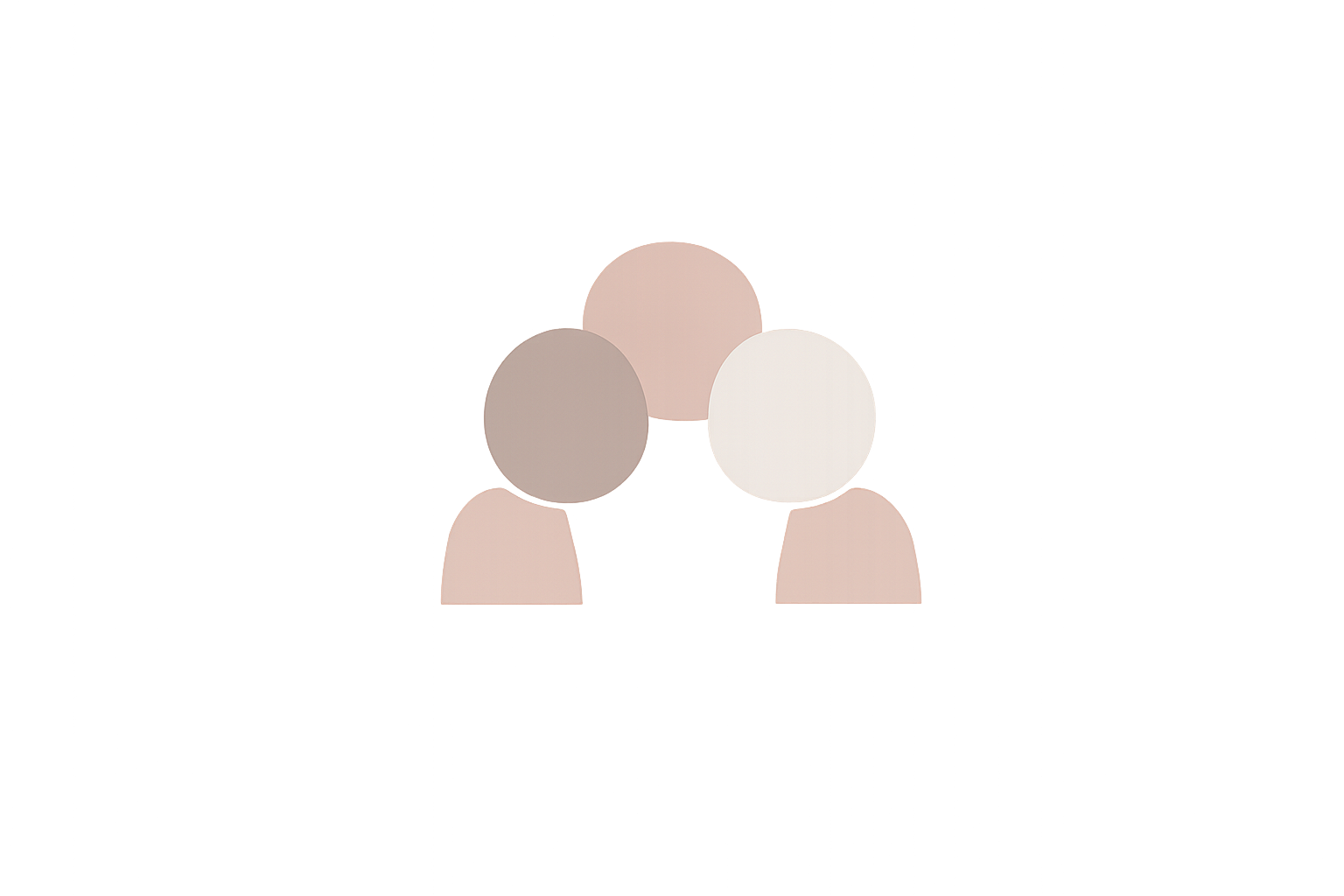 A graphic abstract illustration of three human figures with circles for heads. The figures are in soft pastel colors including beige, pink, and white, set against a light-colored background.