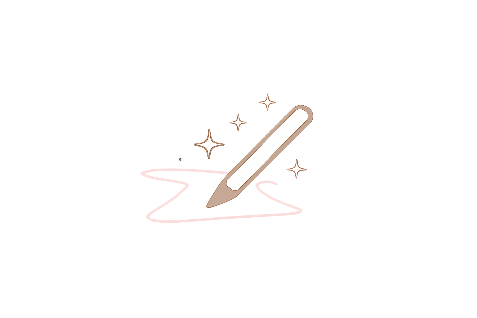 A digital illustration of a glowing pencil on a pink surface, surrounded by sparkling stars with a dark background featuring blue and purple streaks of light.