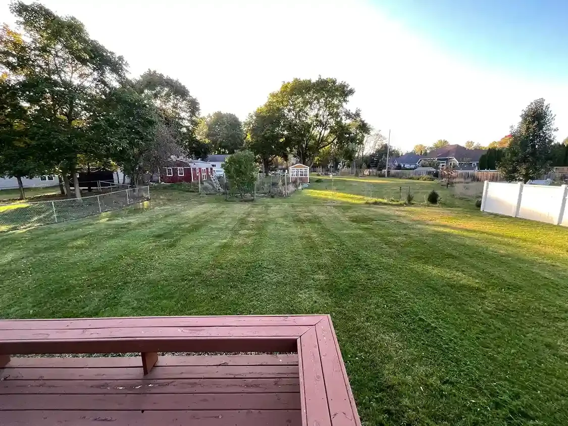 Wide open backyard freshly mowed with visible striping patterns.