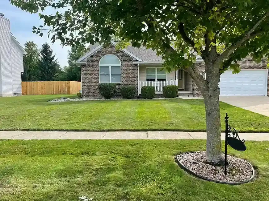 Neatly manicured suburban front yard with trimmed grass and landscaping.