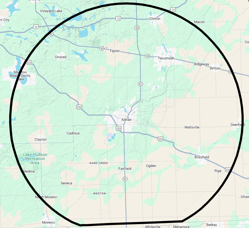 Map showing Michigan Lawn Care LLC’s service area across central and eastern Lenawee County.