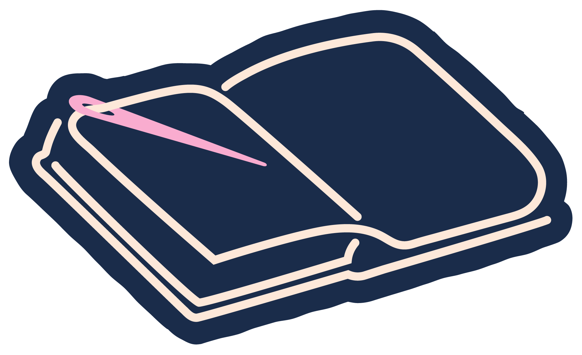 Illustration of an open book with a pink needle.