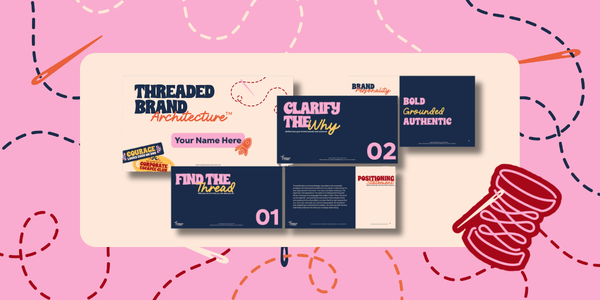 A flat lay of various graphic design and branding materials on a pink background, including cards and paper with text such as 'Threaded Brand Architecture', 'Clarify The Why', 'Find the Thread', and 'Bold Grounded Authentic', along with a red sewing spool illustration.