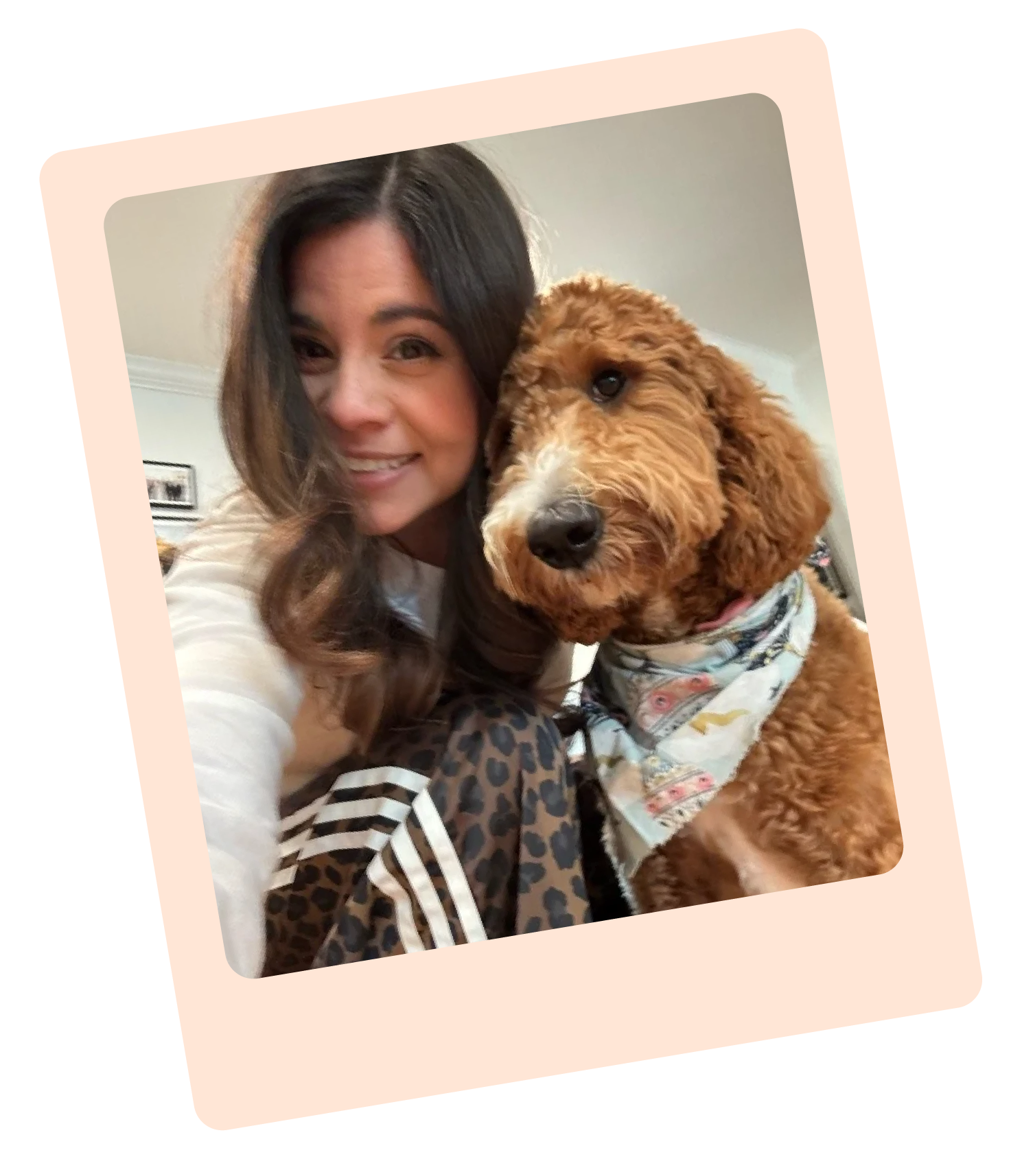 Luana, founder of Thread Studio, cuddling her golden doodle, Mabel, in San Antonio, Texas.