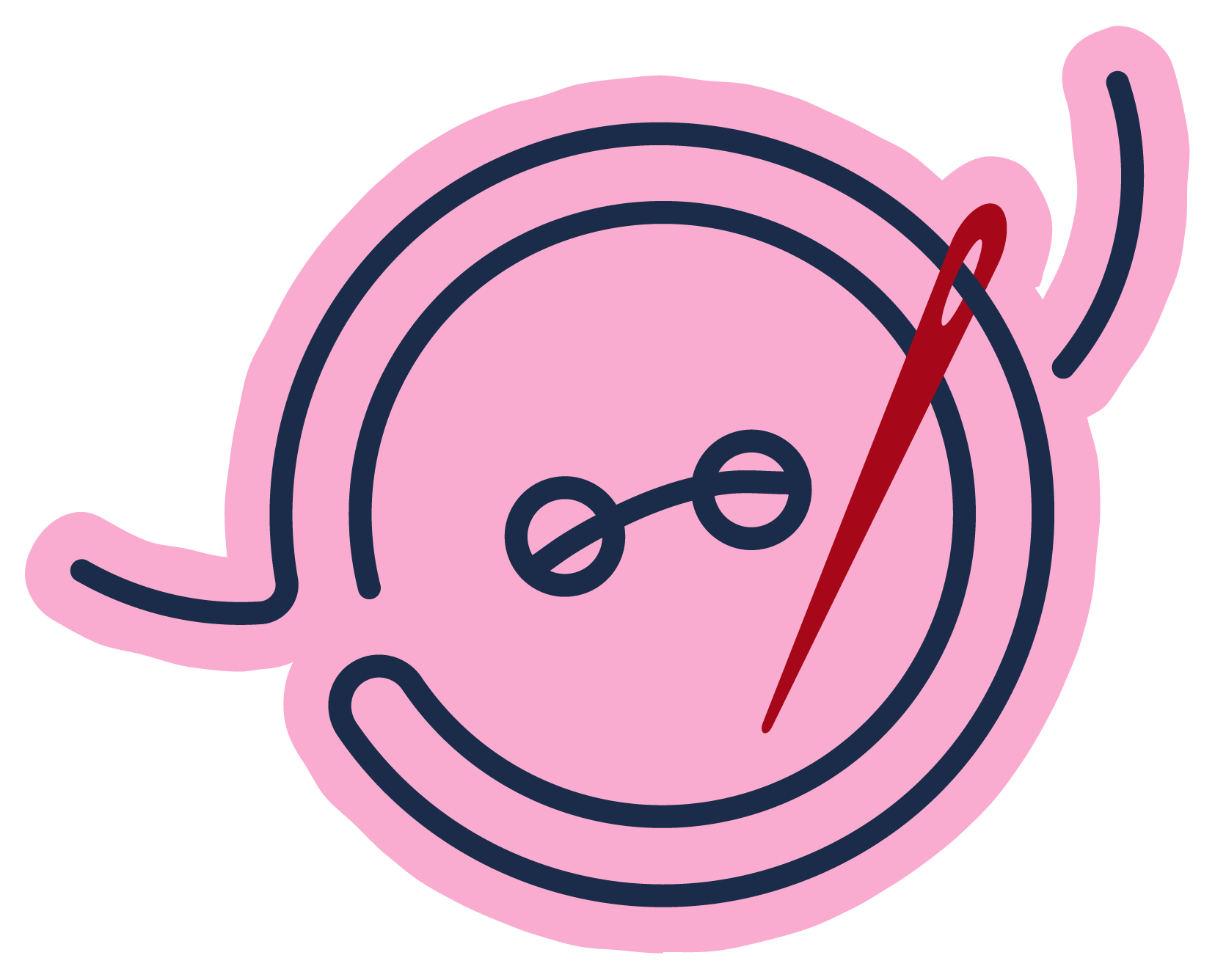 Illustration of a button with a sewing needle resting across it.
