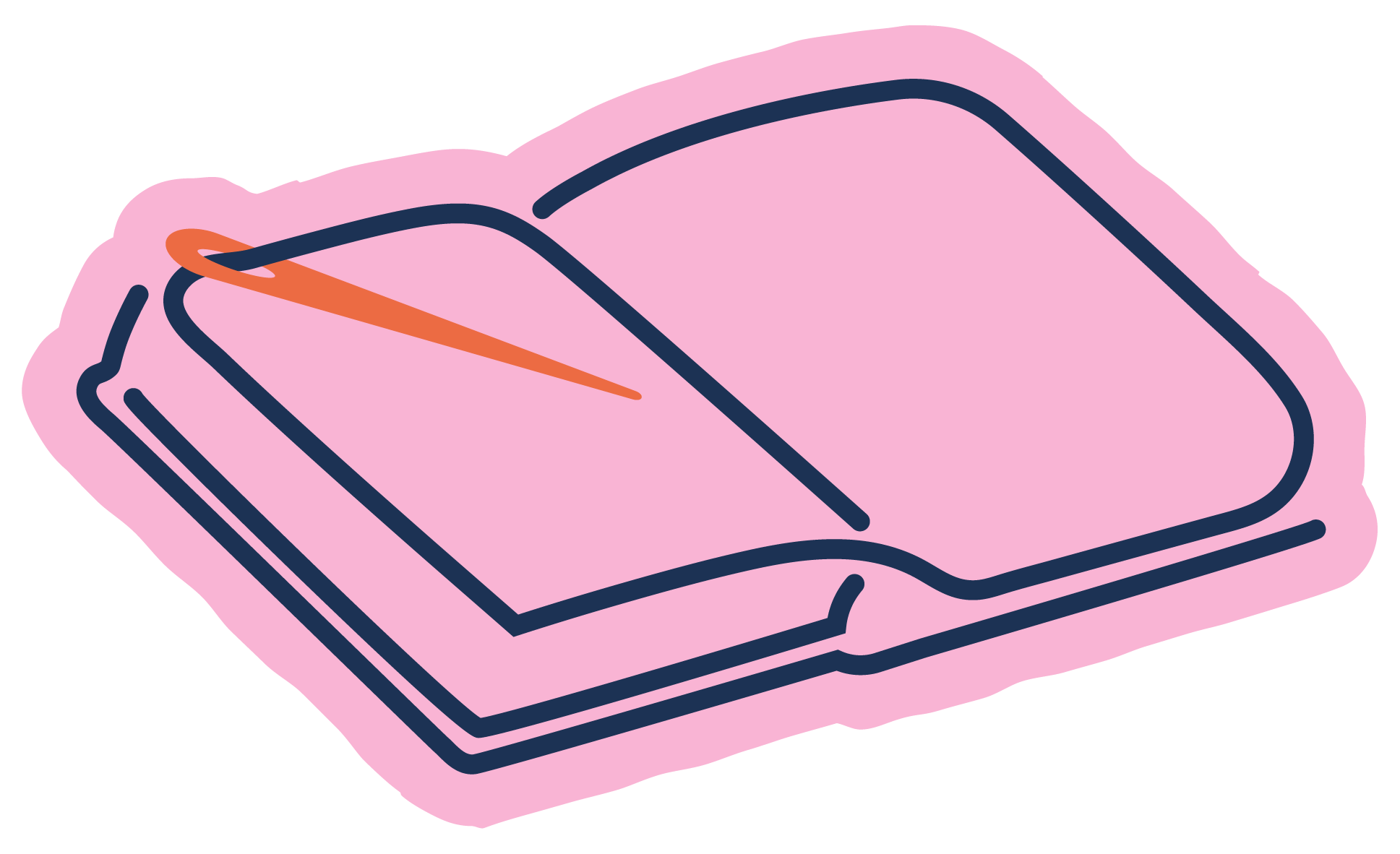 Illustration of an open book with pink pages and dark blue outlines