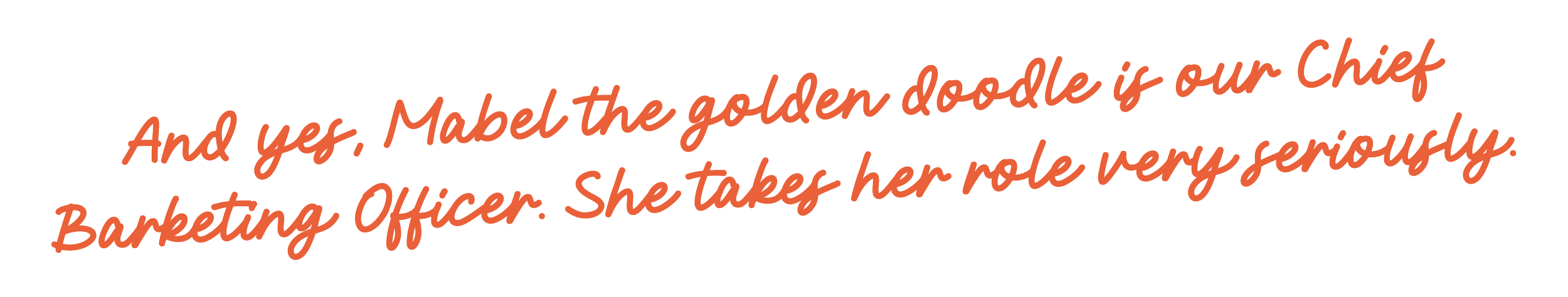 Quote text over black background: "And yes, Mabel the golden doodle is our Chief Barketing Officer. She takes her role very seriously."