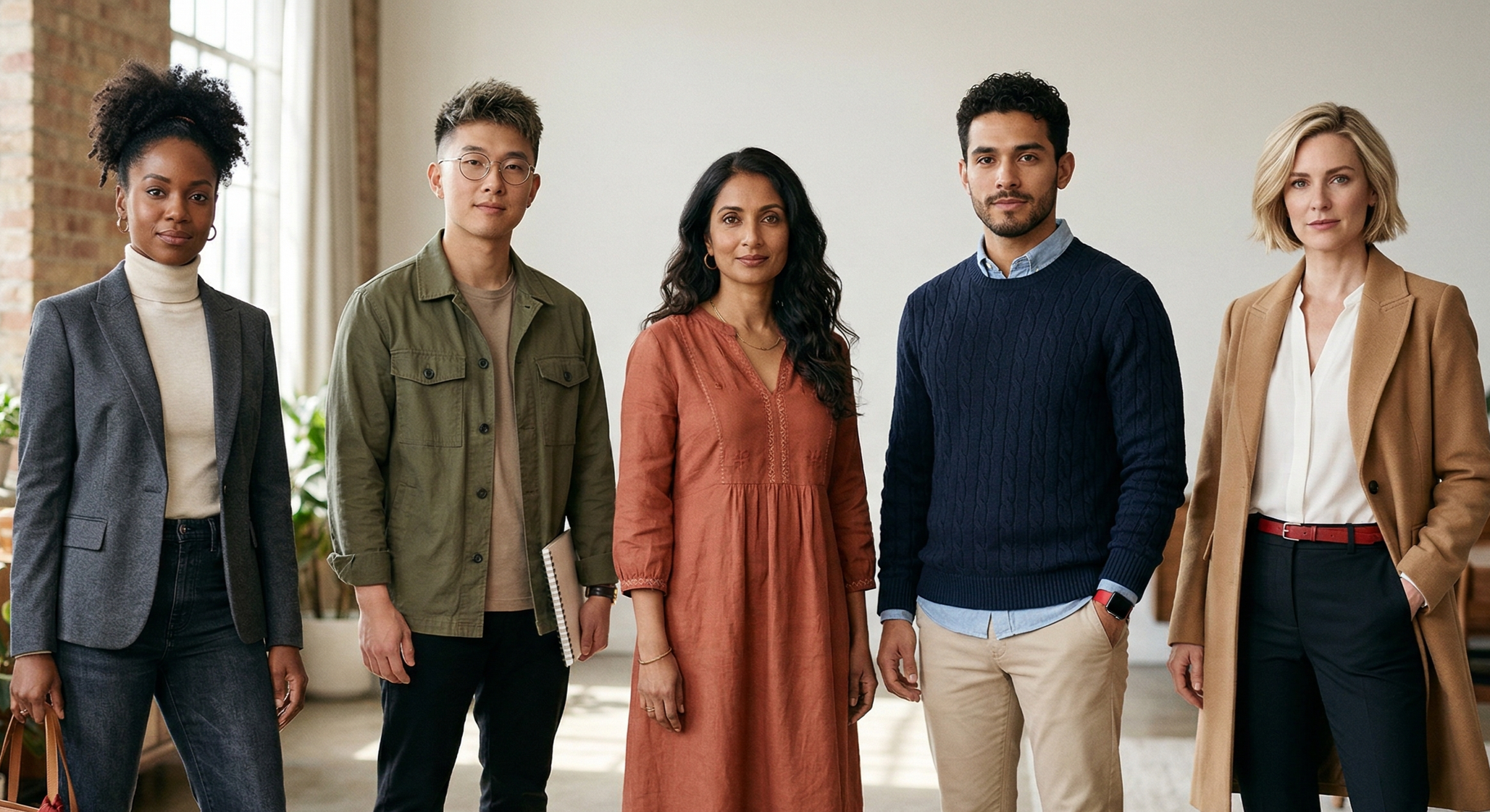 Grupo de seis personas de diferentes etnias y estilos de ropa posando en una habitación luminosa y moderna