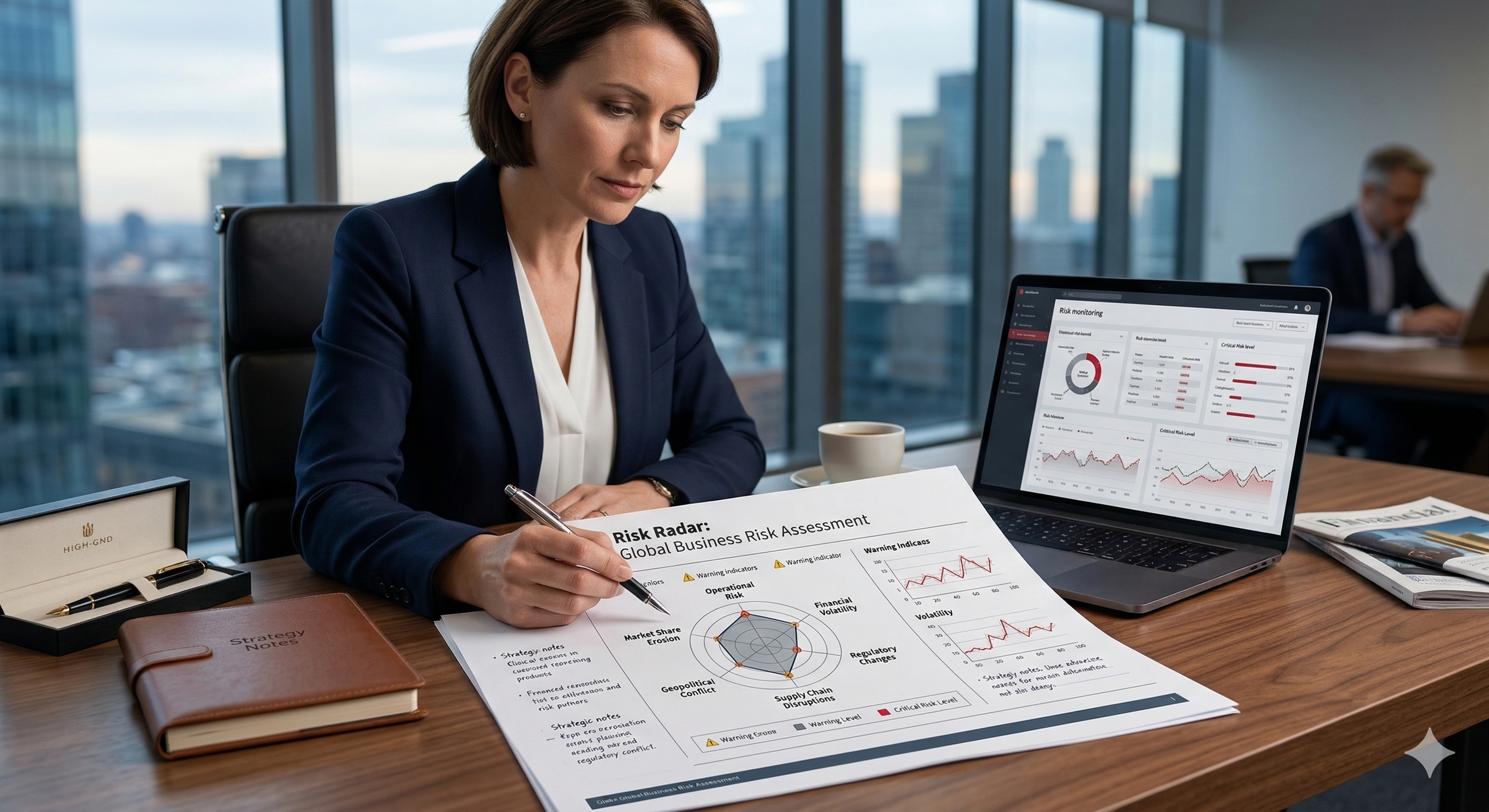 Mujer en traje de negocios analizando un informe de evaluación de riesgo empresarial en una oficina moderna con vista a la ciudad.