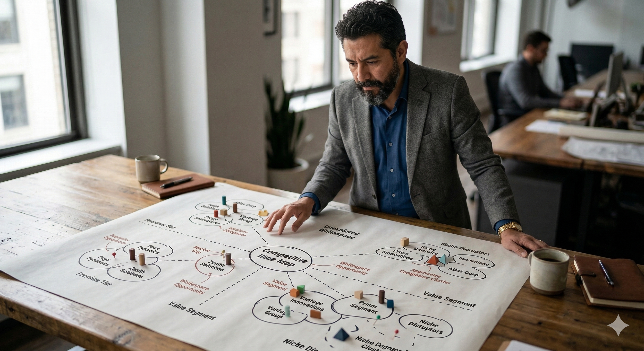 Hombre de negocios en una oficina trabaja en un mapa de ideas sobre una mesa de madera, con varias fichas y notas, y una taza frente a él.