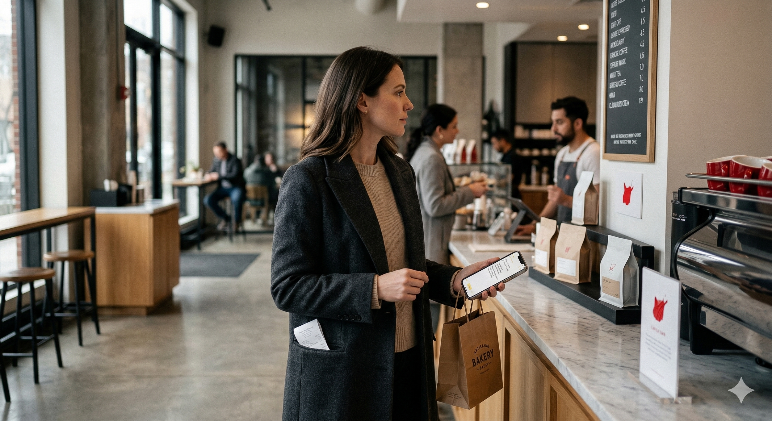 Mujer de cabello castaño oscuro con abrigo gris en una cafetería moderna, mirando un menú digital en su teléfono móvil, con una bolsa de pan artesanal en la mano.