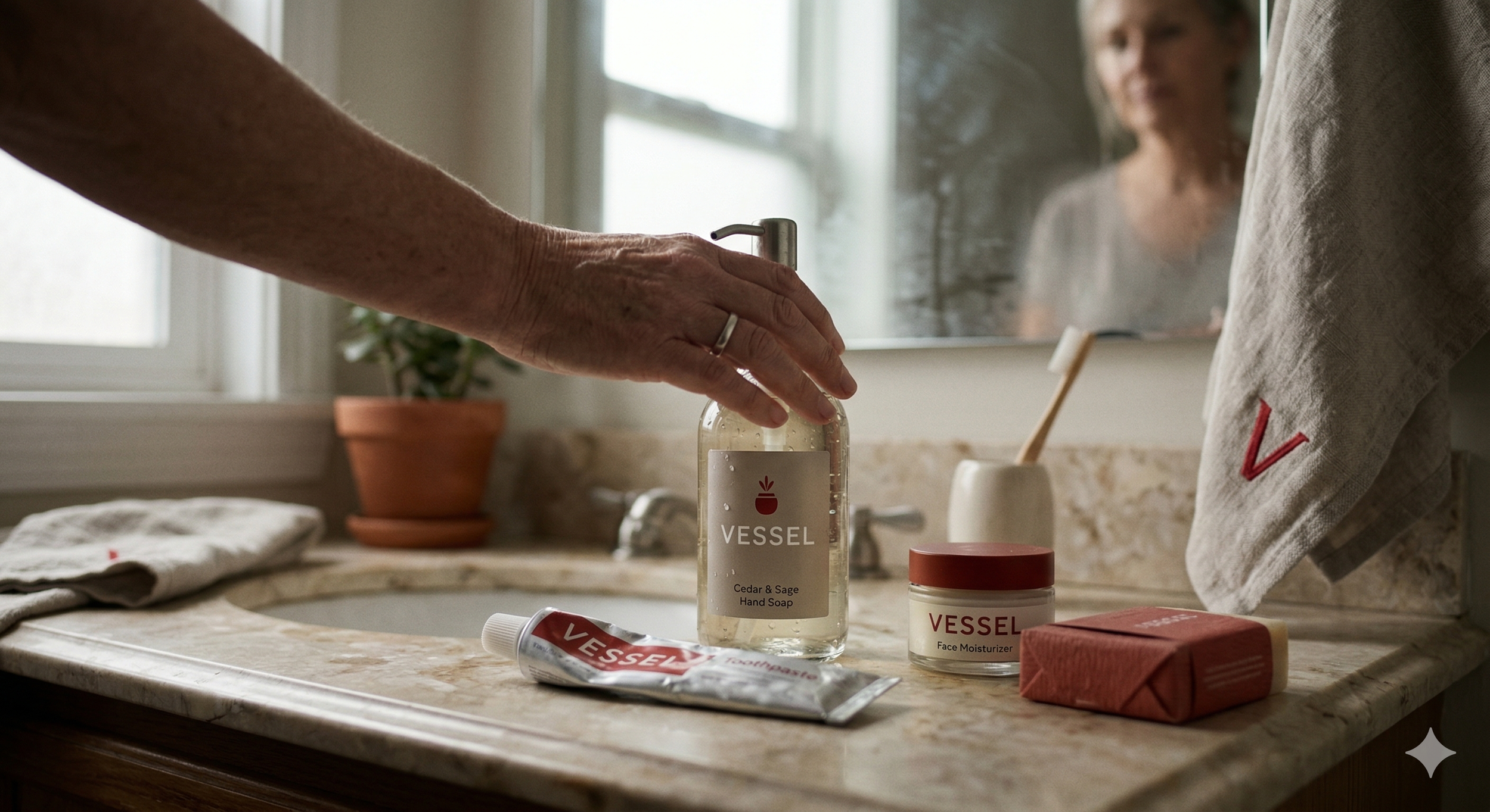 Mano vertiendo jabón de manos en el lavabo, con una mujer sonriendo al fondo en el espejo, productos de cuidado personal en el mostrador.